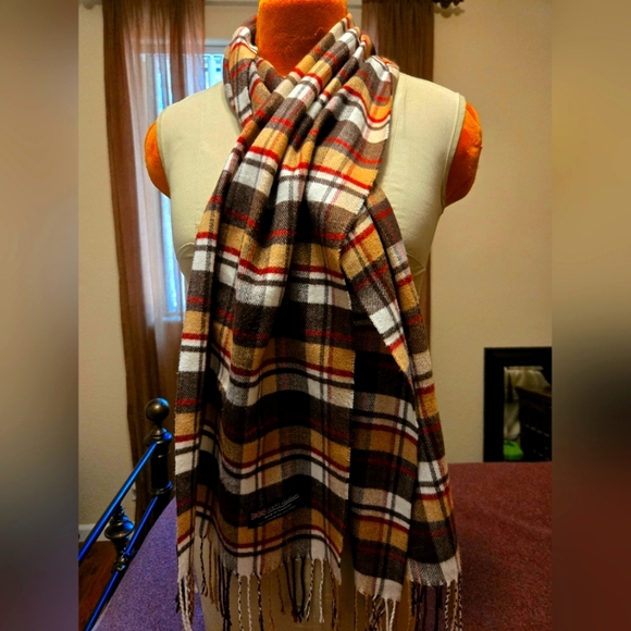 100% Scottish Cashmere Scarff In Red, Brown And Tan Plaid 63in Long 12in Wide - Picture 1 of 5
